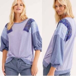 We The Free Lavender & Navy Patchwork Puff-Sleeve Top